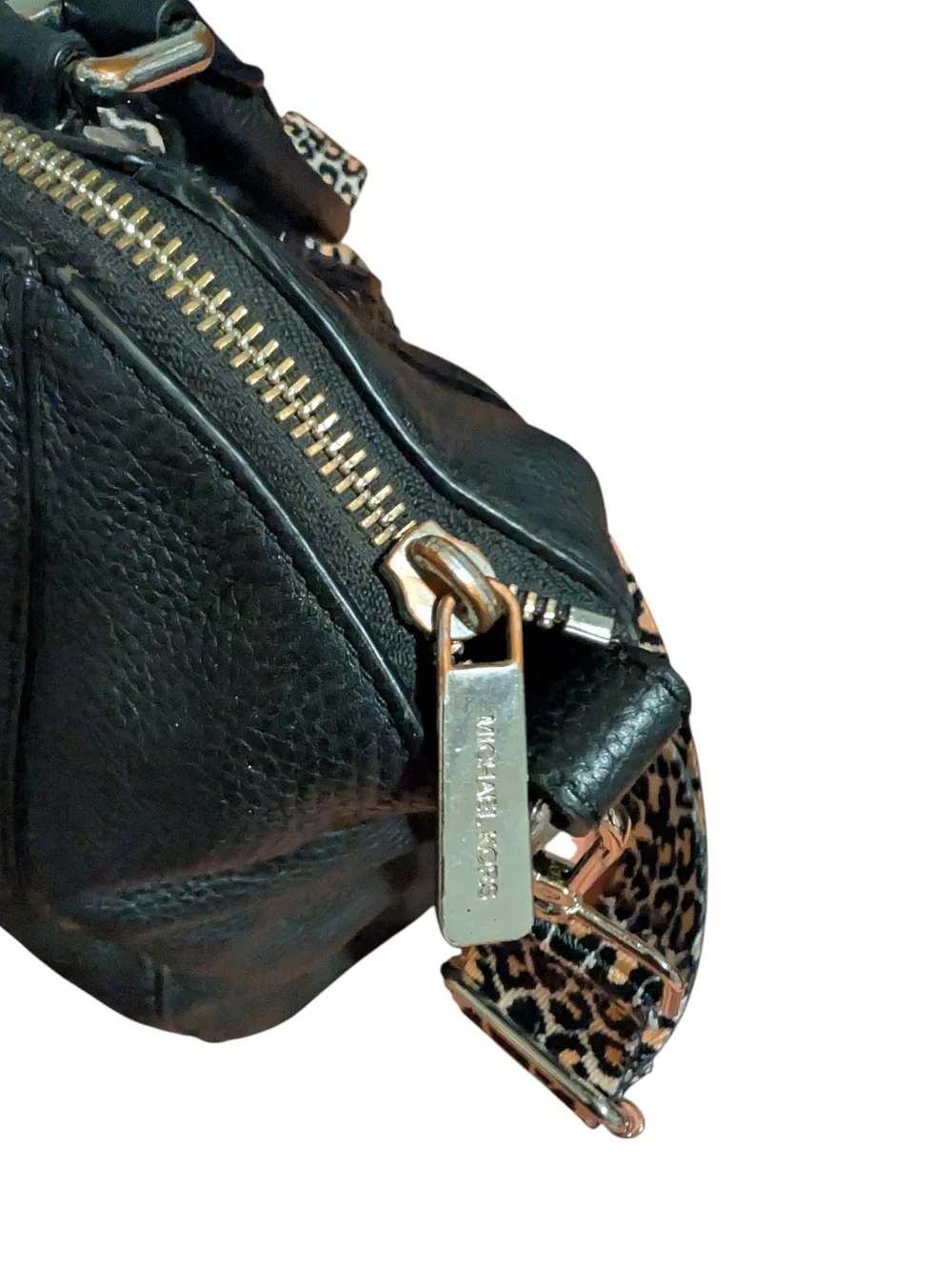 Michael Kors Black Pebbled Leather Satchel with Leopard Strap